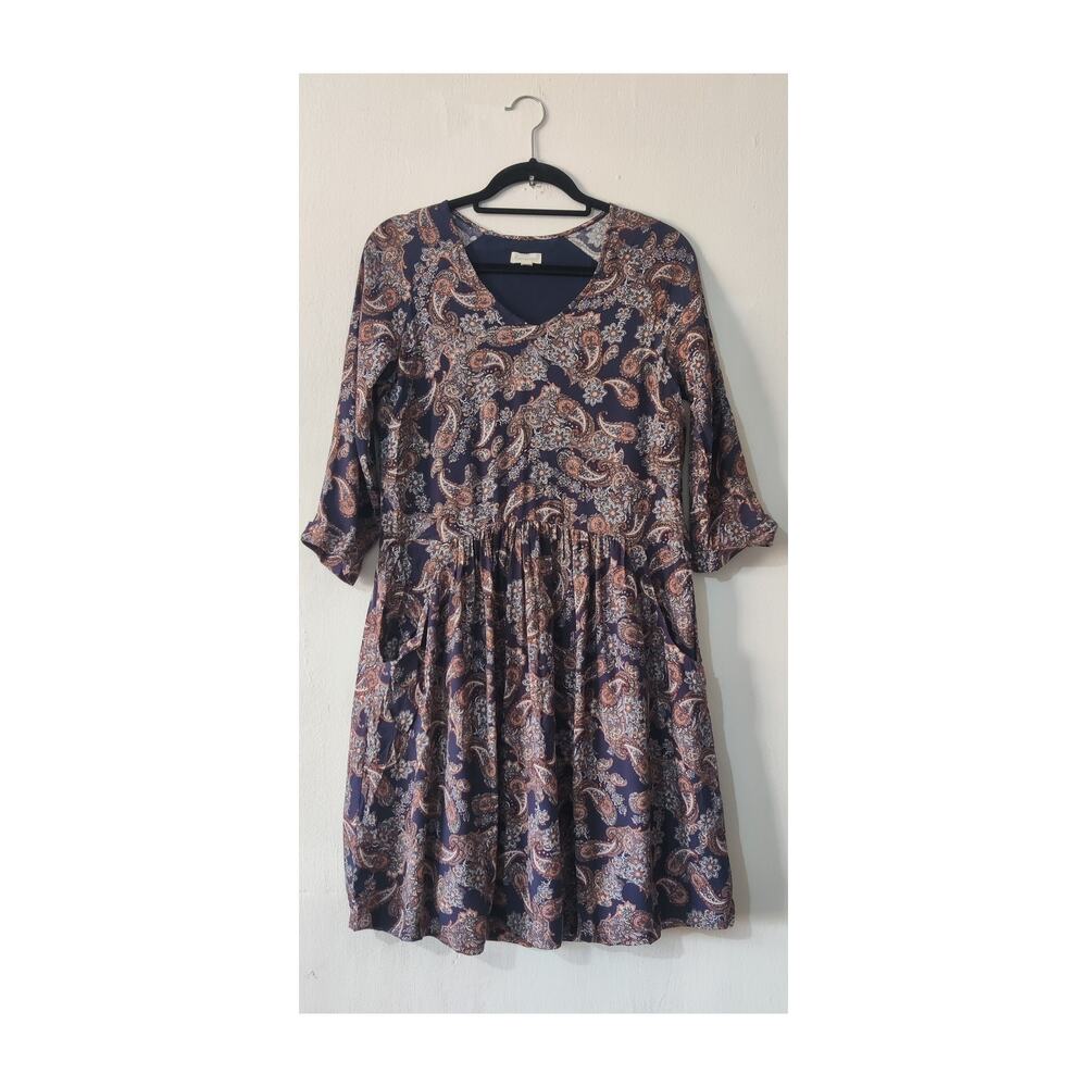 Garnet Hill‎ Navy Floral Paisley 3/4 Sleeve Dress Size 6 Pockets Viscose Boho